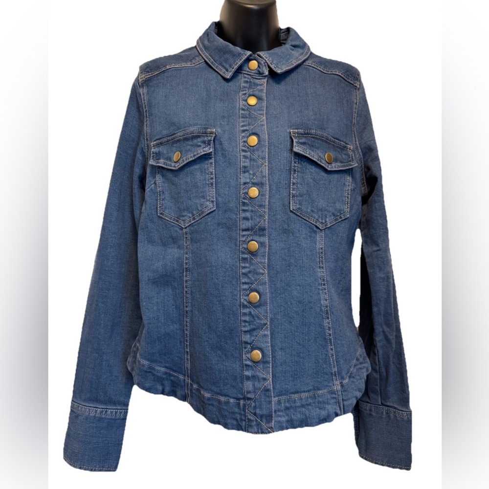 Free People Denim Jacket Shacket Snap Front Zig Zag Stitch Women’s Sz L